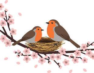 Two charming birds on a branch with blossoms in a flat vector illustration