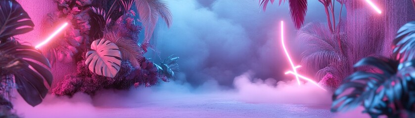 Obraz premium Gentle mist envelops a luxurious botanical garden, where bioluminescent leaves and flowers emit a soft glow under surreal Nordic-inspired lighting, creating a tranquil atmosphere