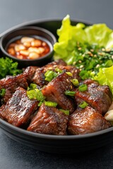 Fototapeta premium A sizzling plate of Samgyeopsal featuring thick slices of grilled pork belly, perfectly charred on the outside and served with fresh vegetables and dipping sauce. Ideal for food photography, Korean cu