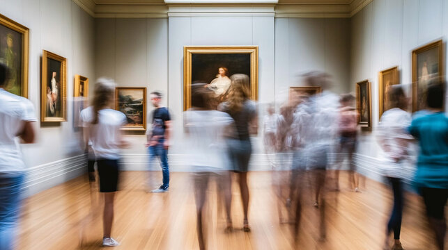 Blurred figures drift through an art gallery filled with classical paintings in golden frames, creating a sense of motion and timeless beauty.