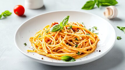 Delicious spaghetti in a white bowl garnished with fresh basil and seasoning. Classic Italian cuisine at its finest.