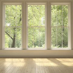 Fototapeta premium Sunlit wood floor, three large windows framing a lush, green tree-filled view, creating a serene, bright interior space.