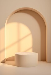Minimalist product display, Curved arch backdrop, Soft beige tones, Cylindrical pedestal, Warm sunlight shadow, Textured wall surface, Clean geometric shapes, Neutral color palette