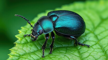 Fototapeta premium Green beetle leaf macro nature closeup insect