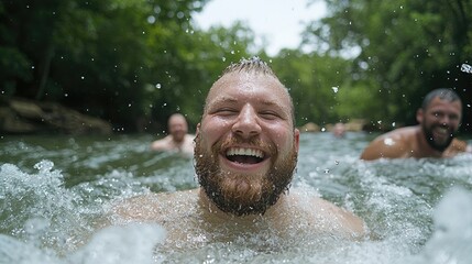 Men splashing in a shallow river