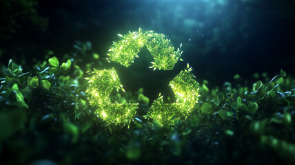 A glowing recycling symbol made of leaf represents eco-friendly and sustainability