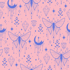 Seamless vector pattern with butterflies, crystal, gemstone, and plants. Pastel color witchy mystical background.