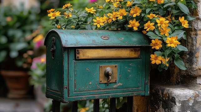 Green mailbox, flowers, garden, post, spring