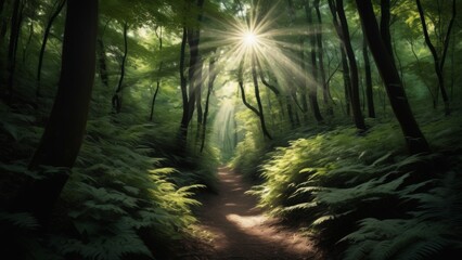 Obraz premium Soft sunlight filtering through the dense forest canopy, illuminating a serene trail. The natural light creates a peaceful and enchanting atmosphere, perfect for nature and outdoor photography