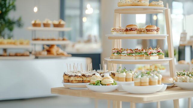 Elegant buffet setup with assorted appetizers and desserts on tiered trays, perfect for events and gatherings.