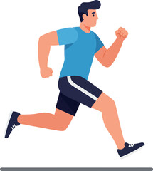 Running man in blue shirt and shorts, flat design with dynamic motion, vibrant colors, vector illustration