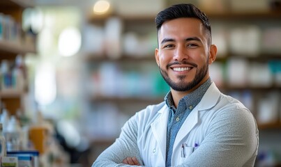 Obraz premium a handsome pharmacist working in a pharmacy