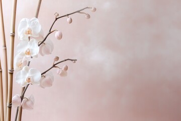 A tranquil composition showcases exquisite bamboo and delicate orchids, set against a gentle fog backdrop. Warm neutral tones enhance the luxurious and calming essence of the setting