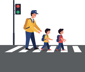 Pedestrian family crossing street with traffic light in flat design vector art