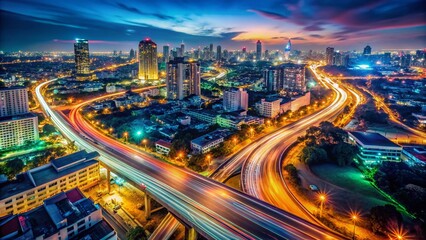 Long Exposure City Lights Night Photography, Urban Skyline Glowing at Night