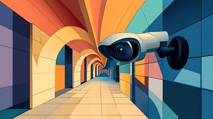 Vibrant Digital Illustration: Security Camera in an Abstract Colorful Corridor AI Generated