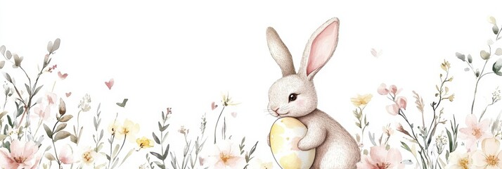 Fototapeta premium Adorable bunny with easter egg amidst whimsical spring blossoms concept