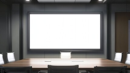 Fototapeta premium This meeting room features a sleek design with a large display wall and modern wooden table, providing a perfect setting for presentations and professional discussions in a corporate environment.