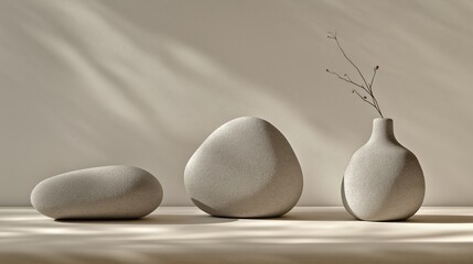 Minimalist still life with smooth stone shapes and a slender vase
