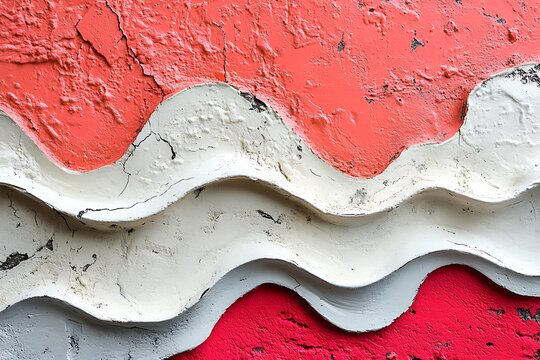 Abstract textured wall with wavy patterns in red and white, showcasing peeling paint and wear