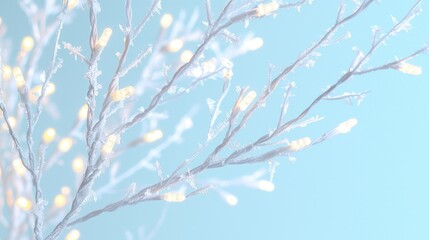 Snowy branch lights, soft pastel background, holiday decor, for display