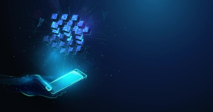 Lowpoly Animation of Blockchain Cubes Spinning over Smartphone in Hand. Blockchain technology and cryptocurrency fintech solution animated looped concept by wireframe mesh on blue background
