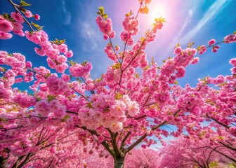 Panoramic view of a blossoming cherry tree, showcasing profuse pink flowers against a scenic backdrop.