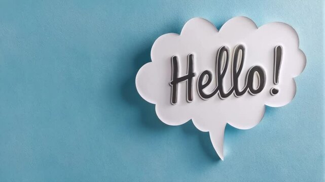White thought or speech bubbles containing the word hello. Appear multiple times on a light blue background, creating a seamless and visually appealing slow motion animation
