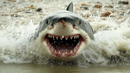 Obraz premium A Terrifying Great White Shark Emerging from the Water with Open Jaws
