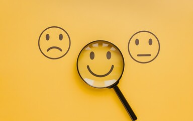 Magnifying Glass Focusing on Happy Smiley Face Among Sad and Neutral Emoticons Yellow Background Positive Feedback Concept Customer Satisfaction Survey Results Business Marketing Illustration Graphic 