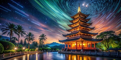 Long Exposure Photography of Vietnamese Pagoda at Night, Illuminated Architecture, Scenic Asian Temple