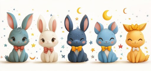 Naklejka premium Adorable Bunnies Under the Night Sky: A Whimsical Digital Illustration