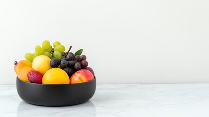 Fresh assorted fruits in a black bowl on a marble surface against a minimalist white background.