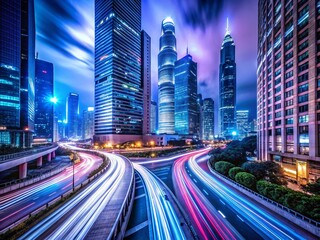 Fototapeta premium Long Exposure Vibrant Cityscape: Modern Skyscrapers & Architecture at Night