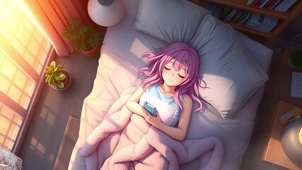 Anime girl sleeping peacefully in morning sunlight. Seamless looping time lapse animation video background  
