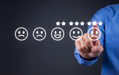 Hand Selecting Negative Feedback Rating Emoticons Customer Satisfaction Survey Digital Assessment Business Evaluation Modern Technology Online Review Interface User Experience Design Concept Business 