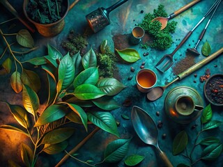 Low Light Biophilic Painting: Tea Leaves & Gardening Tools on Blueish-Green Canvas