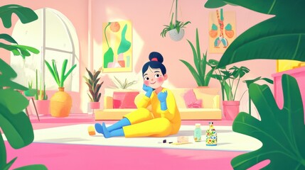 Obraz premium A woman in a yellow jumpsuit sits on a rug in a living room with plants
