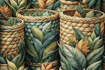Obraz premium Low Light Botanical Illustrations on Woven Plant Pots - Stock Photo
