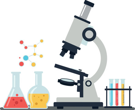 Laboratory microscope with colorful beakers and molecular structure in flat vector illustration
