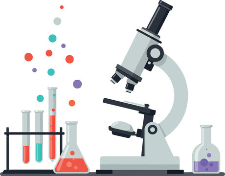 Detailed microscope with colorful liquids and flasks in flat style vector art