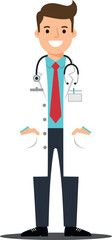 Fototapeta premium Doctor character in white coat with stethoscope in flat vector art style showcasing professionalism and approachability in healthcare vector illustration