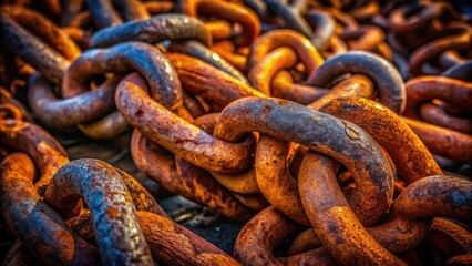 Rusty chains, long-exposure, dark and moody industrial texture background.