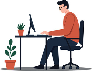 Person working on computer at desk surrounded by plants in flat vector illustration