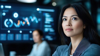 Visionary Asian corporate executive delivering a data driven digital presentation on a futuristic dashboard display showcasing advanced analytics forecasting