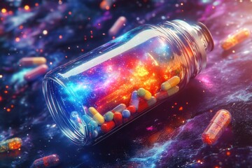 A jar of colorful pills is floating in a galaxy of colorful pills