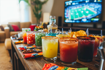 Colorful cocktails arranged on a table in front of a TV showing a football game, perfect for a game day party.