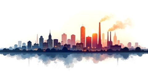 Obraz premium Abstract city featuring a factory and skyline with tall buildings, factory Cityscape in High Contrast 3D Style. winter evening, sunset, snow gently falling, rainy morning text space background .