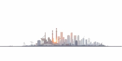 Fototapeta premium Abstract city featuring a factory and skyline with tall buildings, factory Cityscape in High Contrast 3D Style. winter evening, sunset, snow gently falling, rainy morning text space background .