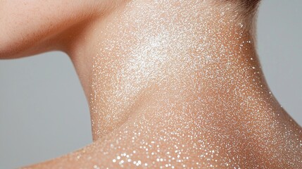 Fototapeta premium Woman's neck and shoulders covered in glitter against a gray background. Possible use beauty product advertisement or a body art inspiration